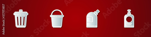 Set Trash can, Bucket, Bottles for cleaning agent and Hand sanitizer bottle icon. Vector.