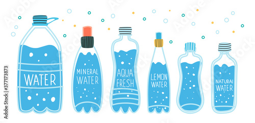 Large and small water bottles. Mineral and natural water in clear bottles. Drink more water. Vector illustration