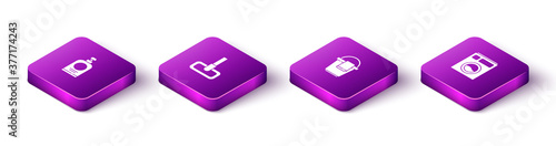 Set Isometric Hand sanitizer bottle, Mop, Bucket with rag and Washer icon. Vector.