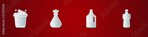 Set Bucket with soap suds, Garbage bag, Fabric softener and Dishwashing liquid bottle icon. Vector.