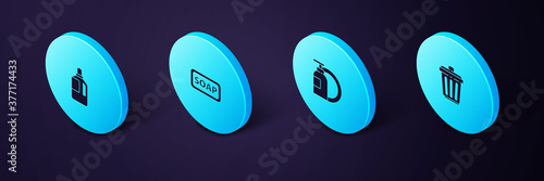 Set Isometric Trash can, Dishwashing liquid bottle and plate, Bar of soap and Fabric softener icon. Vector.