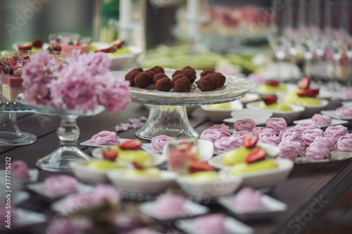 Tasty desserts, cakes and pastry on the wedding sweet buffet