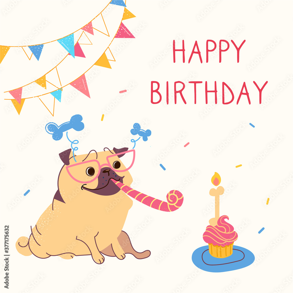 Obraz premium Birthday cards with cute cartoon pug. Garlands, a festive cupcake with candles in the form of a bone, pipe, sunglasses for a party. Your dogs birthday. Funny vector animal, little puppy