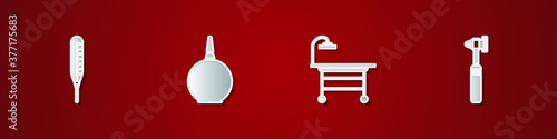 Set Medical thermometer, Enema, Operating table and otoscope tool icon. Vector.