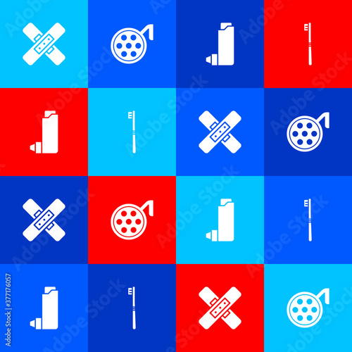 Set Crossed bandage plaster, Surgery lamp, Inhaler and Toothbrush icon. Vector.