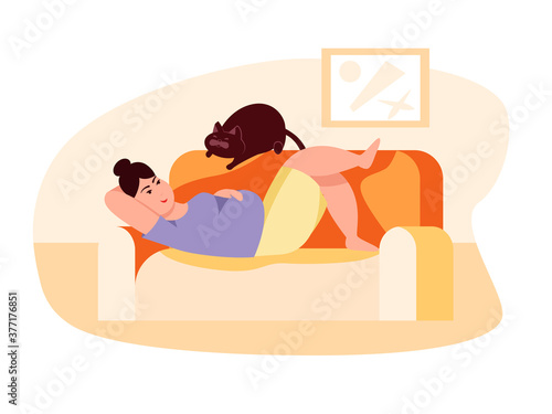Fat woman with cat lying on sofa. Obesity. Unhealthy lifestyle. Vector flat color illustration. Concept for overweight