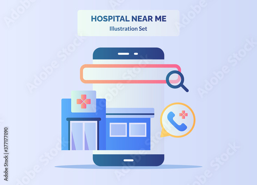 Hospital near me magnifier on smartphone screen with flat cartoon style