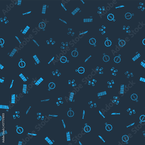Set Hunter knife, Cartridges, Trap hunting and Pepper spray on seamless pattern. Vector.