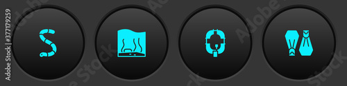 Set Worm, Aquarium, Inflatable boat and Rubber flippers for swimming icon. Vector.