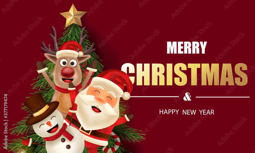 Merry Christmas and Happy New Year. Christmas tree with Santa Claus, reindeer and Snowman in red background. Merry Christmas and Happy New Year. Christmas tree with Santa Claus, reindeer and Snowman in red background.