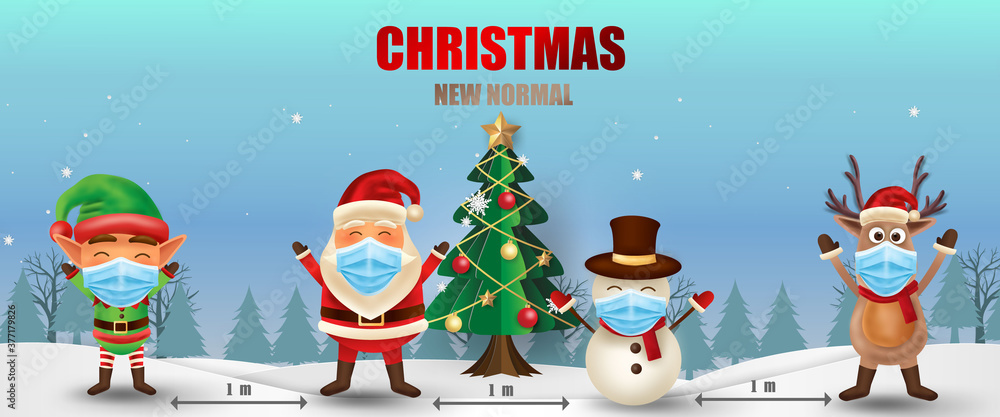 Merry Christmas and happy new year. Christmas new normal concept with Elf, Santa Claus, Snowman and Reindeer. Corona virus protection.  -Vector - obrazy, fototapety, plakaty 