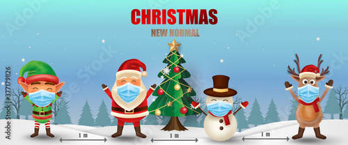 Merry Christmas and happy new year. Christmas new normal concept with Elf, Santa Claus, Snowman and Reindeer. Corona virus protection.  -Vector