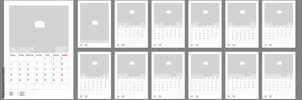 Wall Monthly Photo Calendar 2021. Corporate and business calendar. Simple monthly table photo calendar Layout for 2021 in English. Cover and 12 monthes calendar templates. Week starts from Monday. - obrazy, fototapety, plakaty 