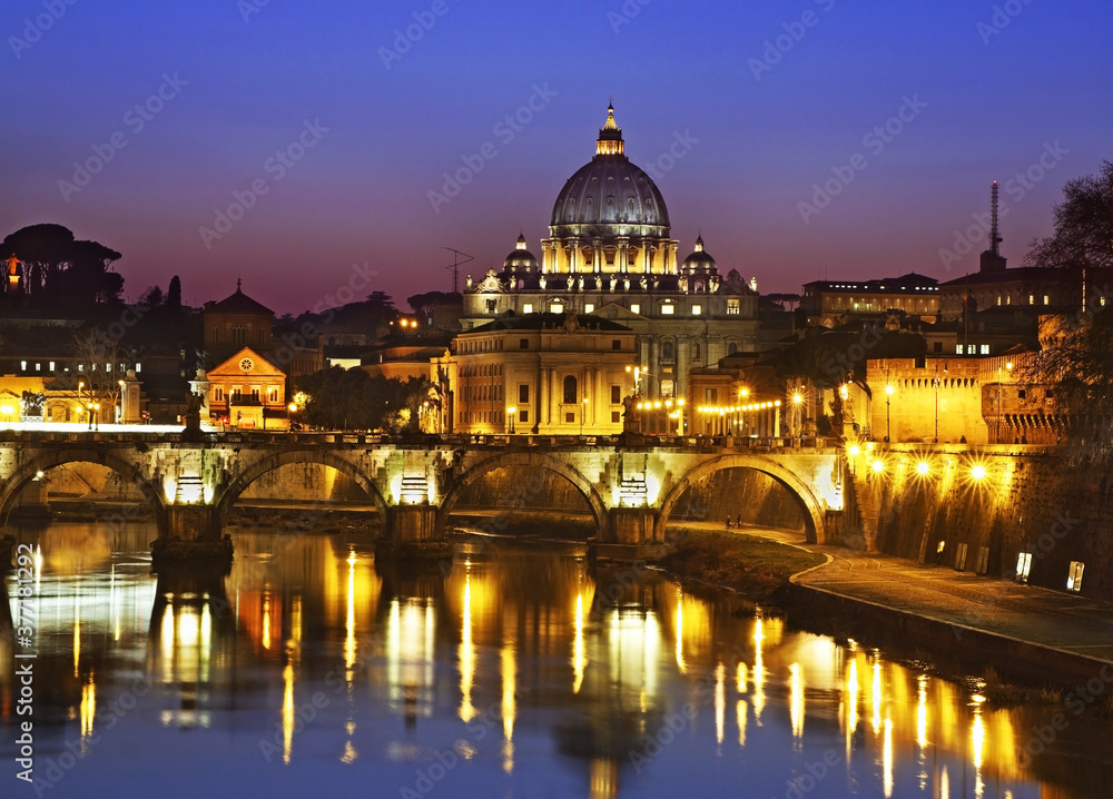 Bridge of Sant Angelo and Basilica of St. Paul in Rome. Italy