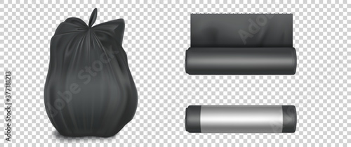Black plastic bag for trash, garbage and rubbish. Vector realistic mockup of polyethylene trashbag in roll and full of waste. Tied sack with refuse isolated on transparent background