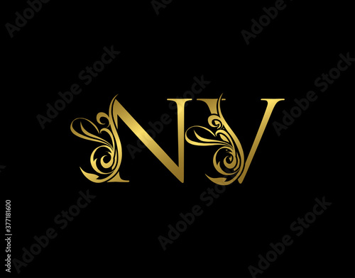 Gold N, V and NV Luxury Letter Logo Icon. Graceful royal style. Luxury alphabet arts logo.