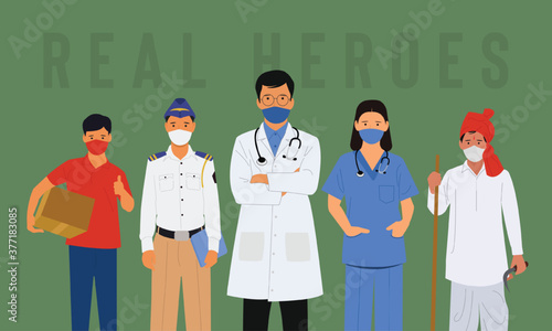 Indian Farmer, doctor, nurse, policeman, and courier boy vectors with facemask
