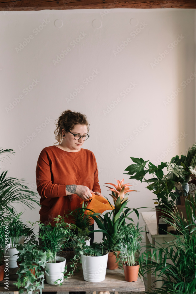 Young Smiling Girl Watering House Plants With Watering Can Young Smiling Girl Watering House Plants With Watering Can