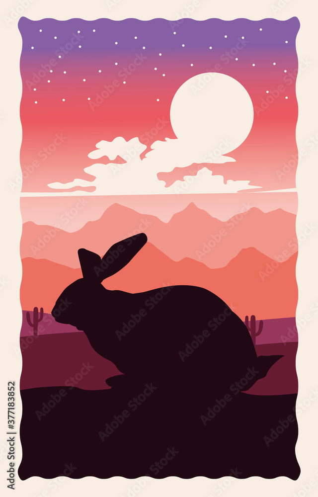 cute wild rabbit animal silhouette with landscape scene