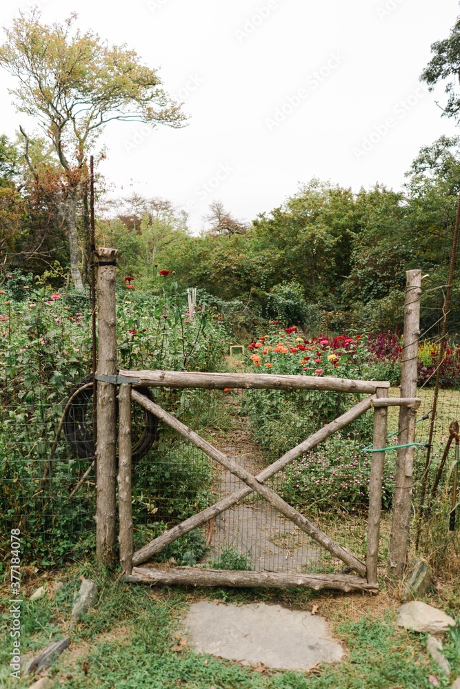 gate that leads into a flower garden