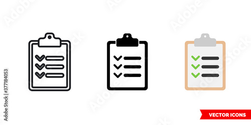 Inventory checklist clipboard icon of 3 types color, black and white, outline. Isolated vector sign symbol.