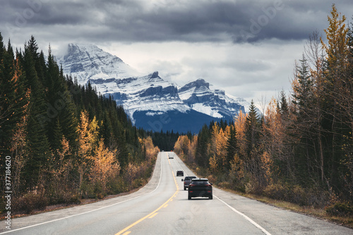 Car driving on highway with rocky mountains in autumn forest at Jasper national park