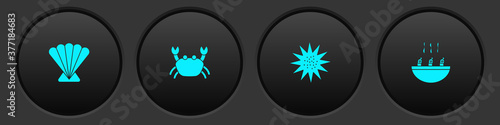 Set Scallop sea shell, Crab, Sea urchin and Soup with shrimps icon. Vector.
