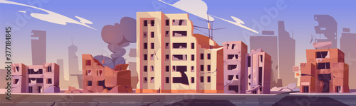 City destroy in war zone, abandoned buildings with smoke. Destruction, natural disaster or cataclysm consequences, post-apocalyptic world ruins with broken road and street cartoon vector illustration