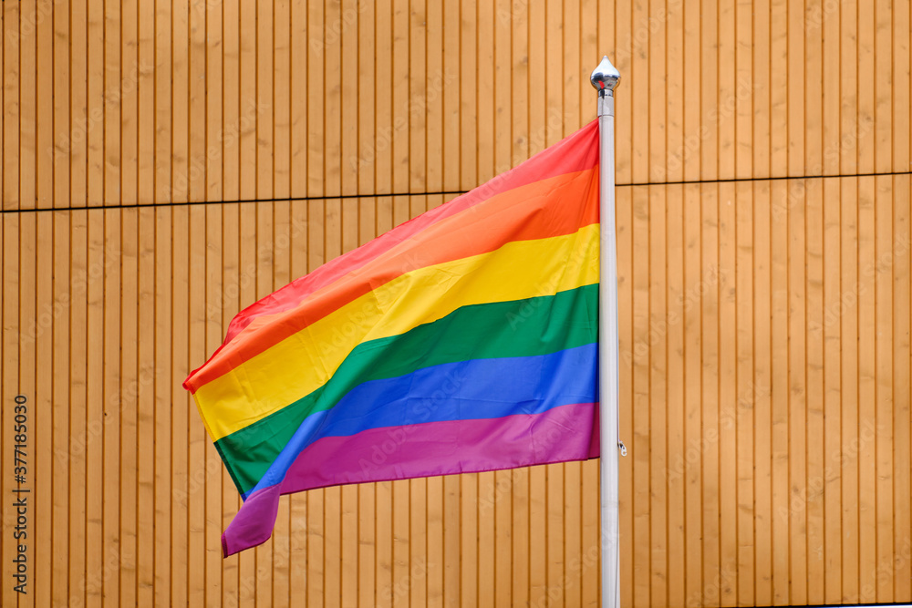 The pride flag on a white flagpole against the wooden wall.