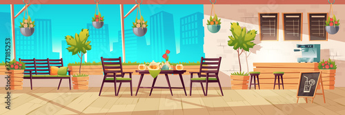 Summer terrace, outdoor city cafe, coffeehouse with wooden table, chairs and potted plants, chalkboard menu on cityscape view background. Street drinks or snacks cafeteria, Cartoon vector illustration