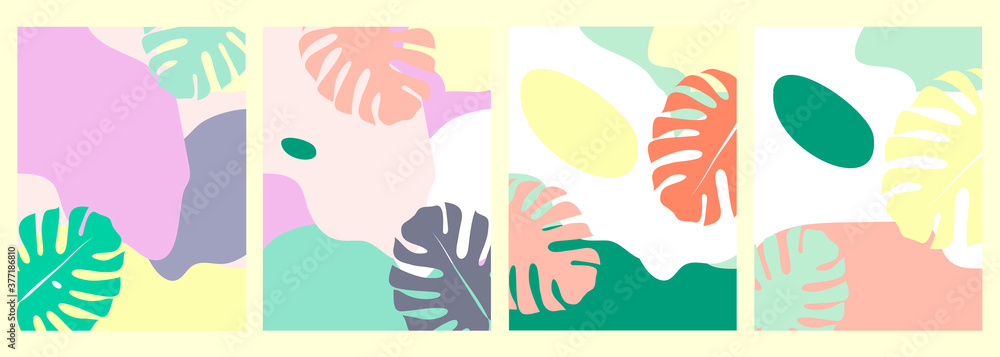 Fun set of posters with colorful organic shapes and monstera leaves vector art.