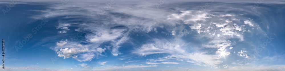 Fototapeta premium Seamless blue evening sky hdri panorama 360 degrees angle view with zenith and beautiful clouds for use in 3d graphics as sky dome or edit drone shot