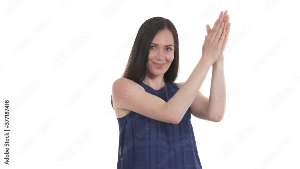 Caucasian woman clapping hands. Expressing approval and support. Isolated on white background. Caucasian woman clapping hands. Expressing approval and support. Isolated on white background.