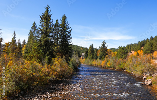Fall foliage by the creek in Colorado rocky mountains 