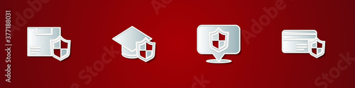Set Delivery security with shield, Graduation cap, Location and Credit card icon. Vector.