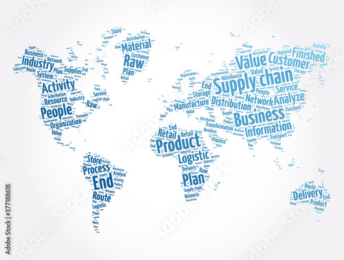 Supply chain word cloud in shape of world map, business concept background