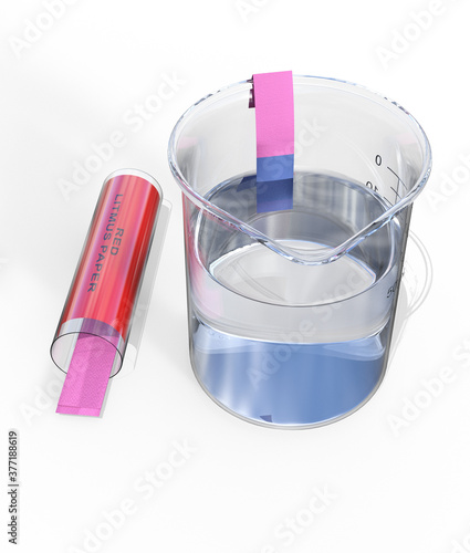 Red litmus paper dipped into an alkali in a beaker, isolated on white. 3D illustration.