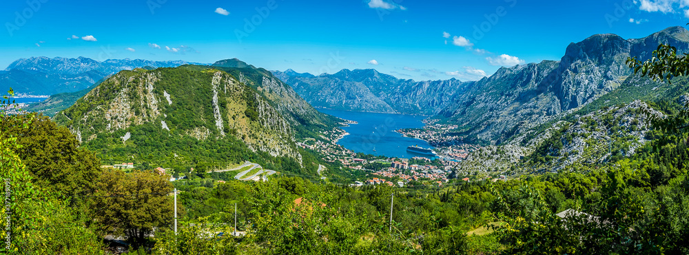 Panoramic view from Tivat to Kotor and the Bay of Kotor, Montenegro