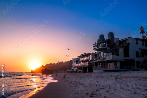 Canvas Print a stunning shot of the sunset at the beach with birds in flight in the sky, home