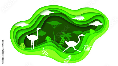 Eco Green Paper Cut Background Vector Nature Animal Clouds Forest With Ostrich Silhouette Design