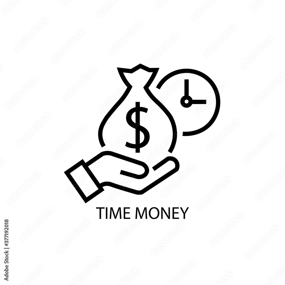 Icon of hand holding bag of money and clock. Vector illustration eps 10 Icon of hand holding bag of money and clock. Vector illustration eps 10