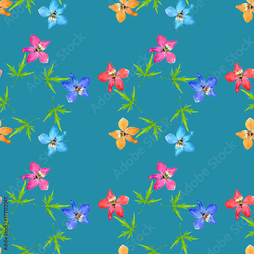 Delphinium, larkspur. Illustration, texture of flowers. Seamless pattern for continuous replication. Floral background, photo collage for textile, cotton fabric. For use in wallpaper, covers. © svrid79