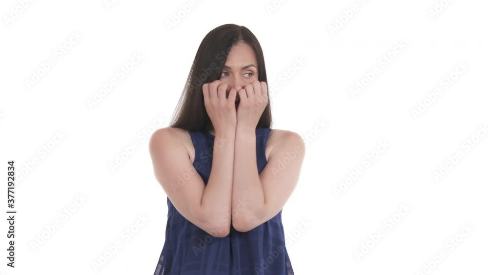 Nervous Caucasian woman expressing desperation and concern about something. Panic attack. Facial expression and humans emotions concept. Isolated on white background. Nervous Caucasian woman expressing desperation and concern about something. Panic attack. Facial expression and humans emotions concept. Isolated on white background.