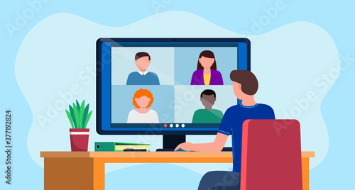 Video conference illustration. People talking by computer programm. Screen with colleagues communication. Online meeting, work from home, remote work