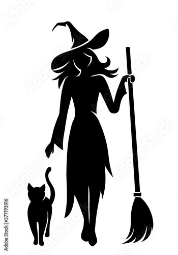 Vector black silhouette of a beautiful witch with a broomstick and a cat isolated on a white background.