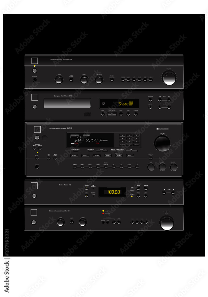 Sound shop. Quality components for quality sound. Acoustic system, amplifier, receiver, subwoofer, home theatre. Vector drawing for illustrations.