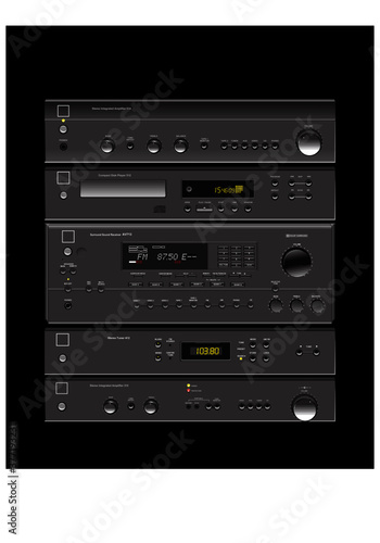 Sound shop. Quality components for quality sound. Acoustic system, amplifier, receiver, subwoofer, home theatre. Vector drawing for illustrations.