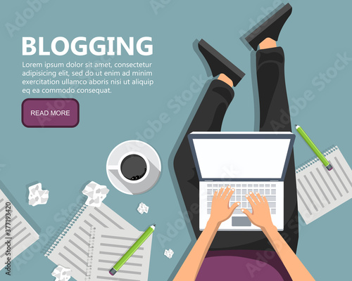 Writing a story or column for newspaper or magazine. Man sitting on the floor and holding lap top in his lap. Flat vector illustration