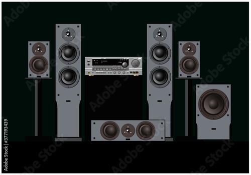 Sound shop. Quality components for quality sound. Acoustic system, amplifier, receiver, subwoofer, home theatre. Vector drawing for illustrations.