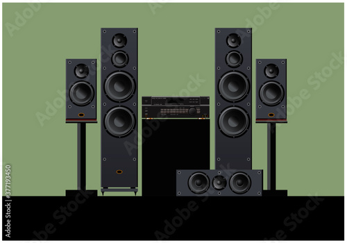 Sound shop. Quality components for quality sound. Acoustic system, amplifier, receiver, subwoofer, home theatre. Vector drawing for illustrations.